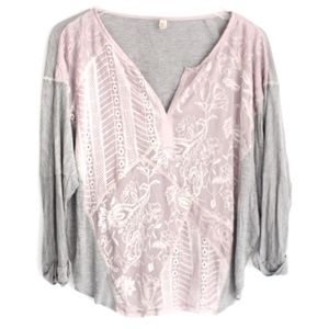 TINY Medium Grey Pink Embroidered V-neck Top